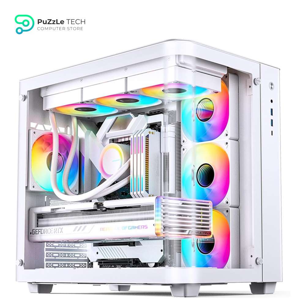 JONSBO TK-3 White One-Piece Curved Glass ATX Mid Tower Pc Case - One-Piece Curved Glass - SP BTF MB/Dual 360 AIO/ATX PSU/40Series GPU - with 10 Fan Positions - 270 Degree Side View Display White Chassis