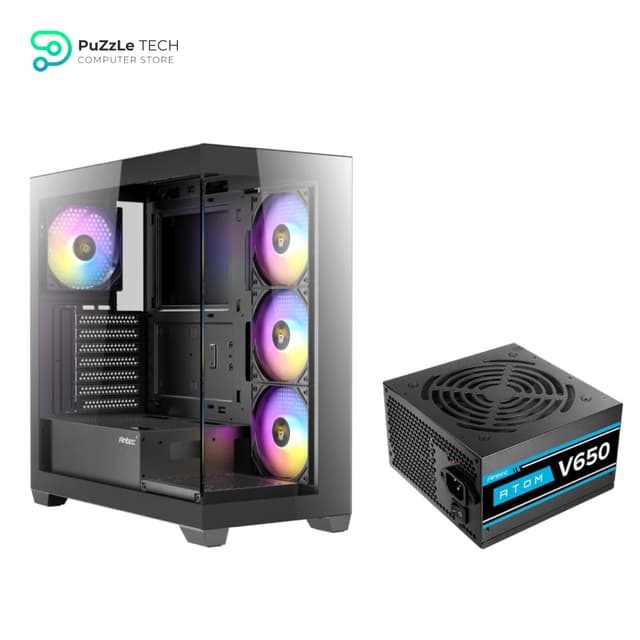 Antec CX300 ARGB Black + Antec Atom V650 650 Watts Non-Modular Gaming Power Supply with Panoramic 270 Degree View - Vertical Cooling - 4X 120mm Pre Installed RGB Fans - 420mm GPU Support - Atx Mid Tower Gaming Cabinet