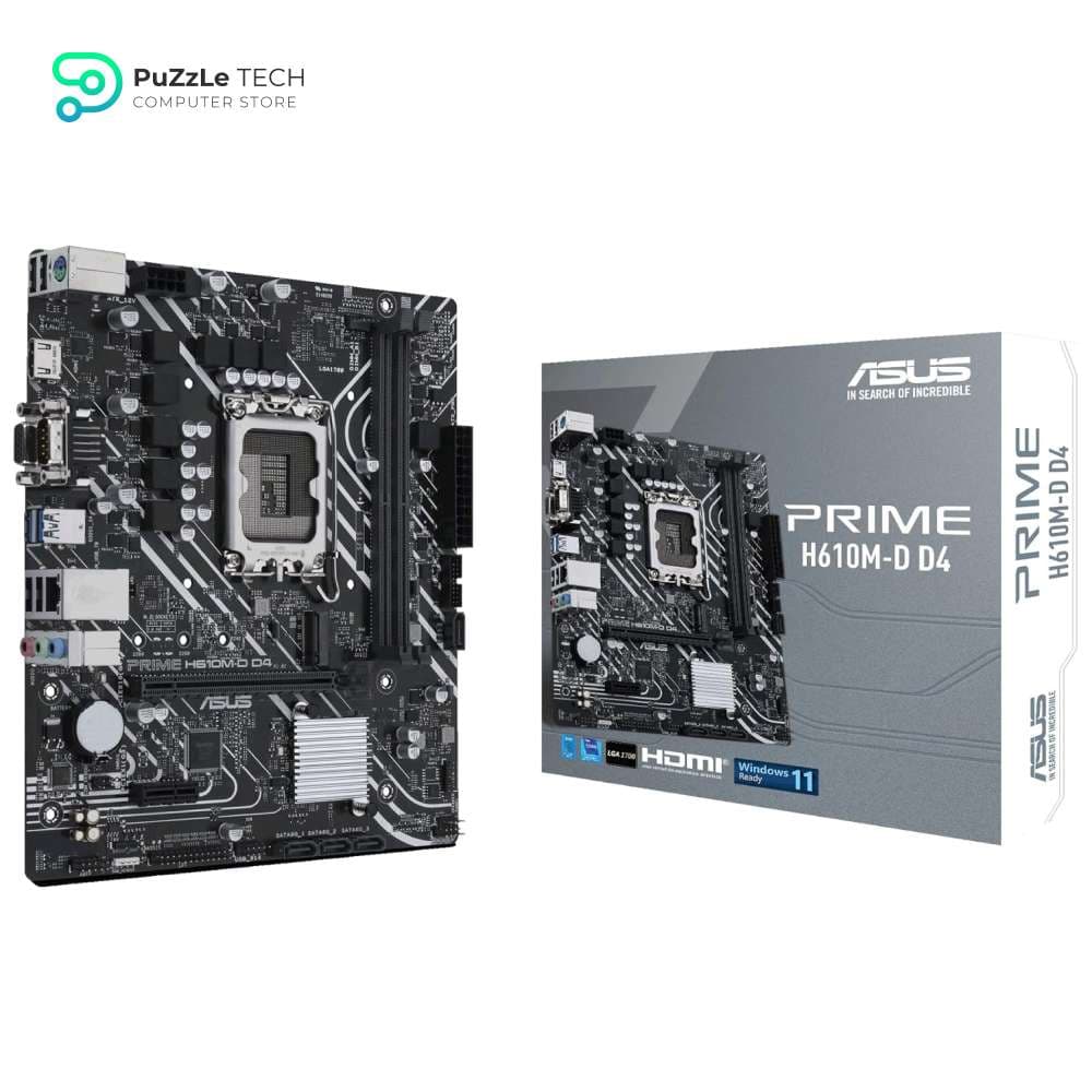 ASUS PRIME H610M-D D4 Motherboard mATX - Intel H610 - LGA1700 - DDR4 - PCI 4.0 - Realtek 1Gb Ethernet - Realtek 7.1 Surround - 1xM.2 - 4xSATA 6GB/s - USB 3.2 Gen 1 - Armoury Crate - Black