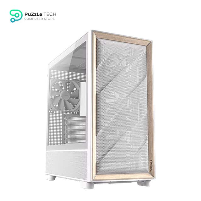 Antec Flux Wood White - 5 x PWM Fans Included - High-Airflow Front Panel with Birch Wood - Type-C - 420mm Radiator & Back Connect Motherboard Support - Up to 9 Fans Simultaneously - Mid-Tower E-ATX PC Case