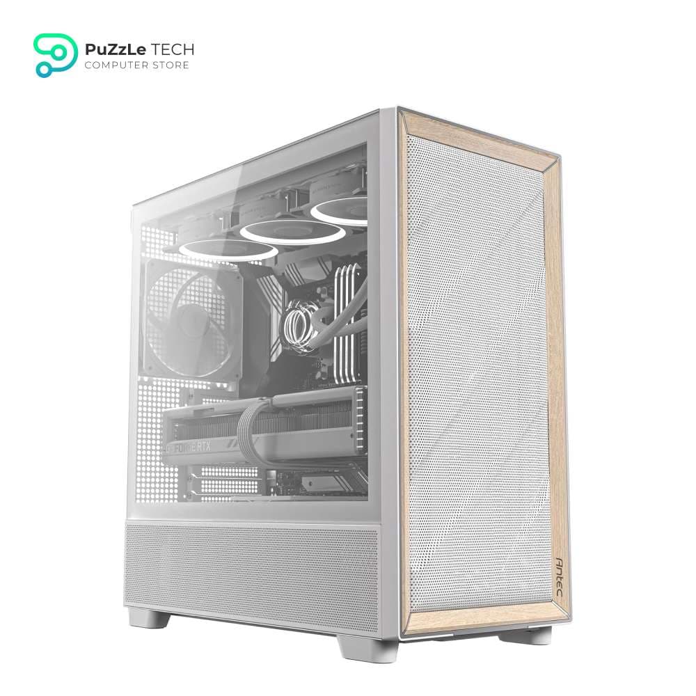 Antec Flux Wood White - 5 x PWM Fans Included - High-Airflow Front Panel with Birch Wood - Type-C - 420mm Radiator & Back Connect Motherboard Support - Up to 9 Fans Simultaneously - Mid-Tower E-ATX PC Case