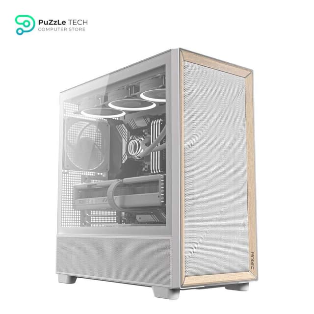 Antec Flux Wood White - 5 x PWM Fans Included - High-Airflow Front Panel with Birch Wood - Type-C - 420mm Radiator & Back Connect Motherboard Support - Up to 9 Fans Simultaneously - Mid-Tower E-ATX PC Case